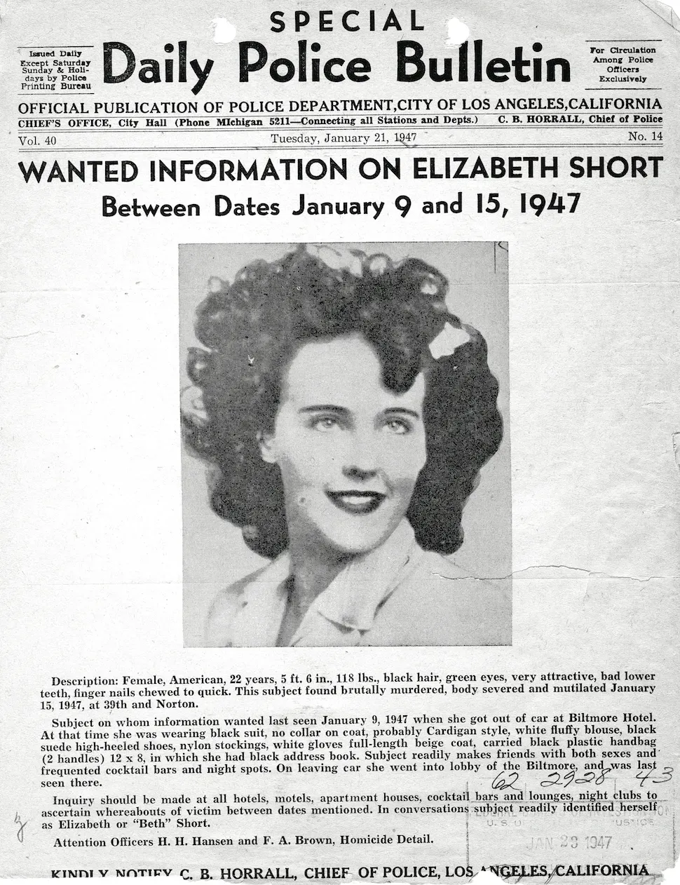 LAPD police bulletin regarding the Black Dahlia case