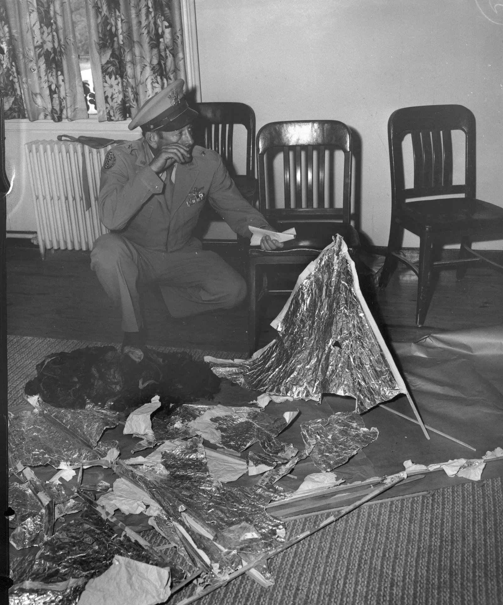 The weather balloon debris displayed in General Ramey's office