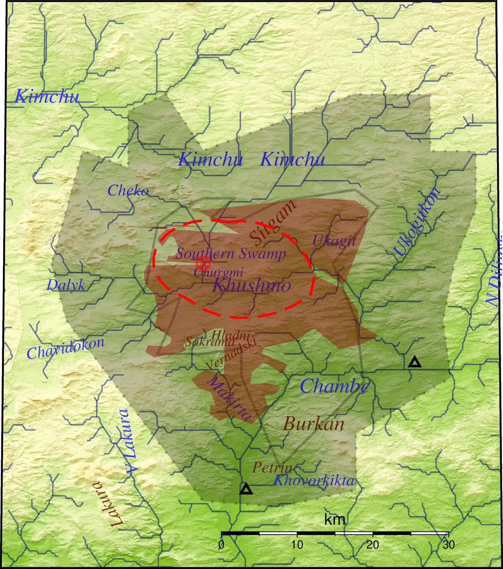 Map of the Tunguska event destruction pattern