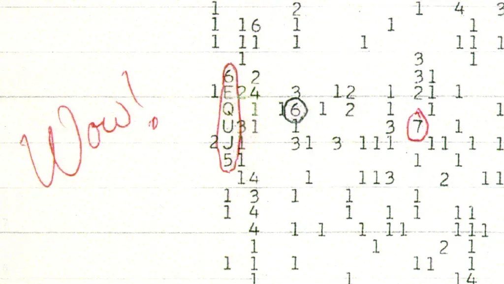 The original Wow! Signal printout with 6EQUJ5 circled in red
