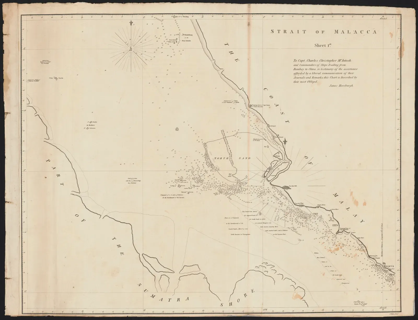 1806 nautical chart of the Strait of Malacca