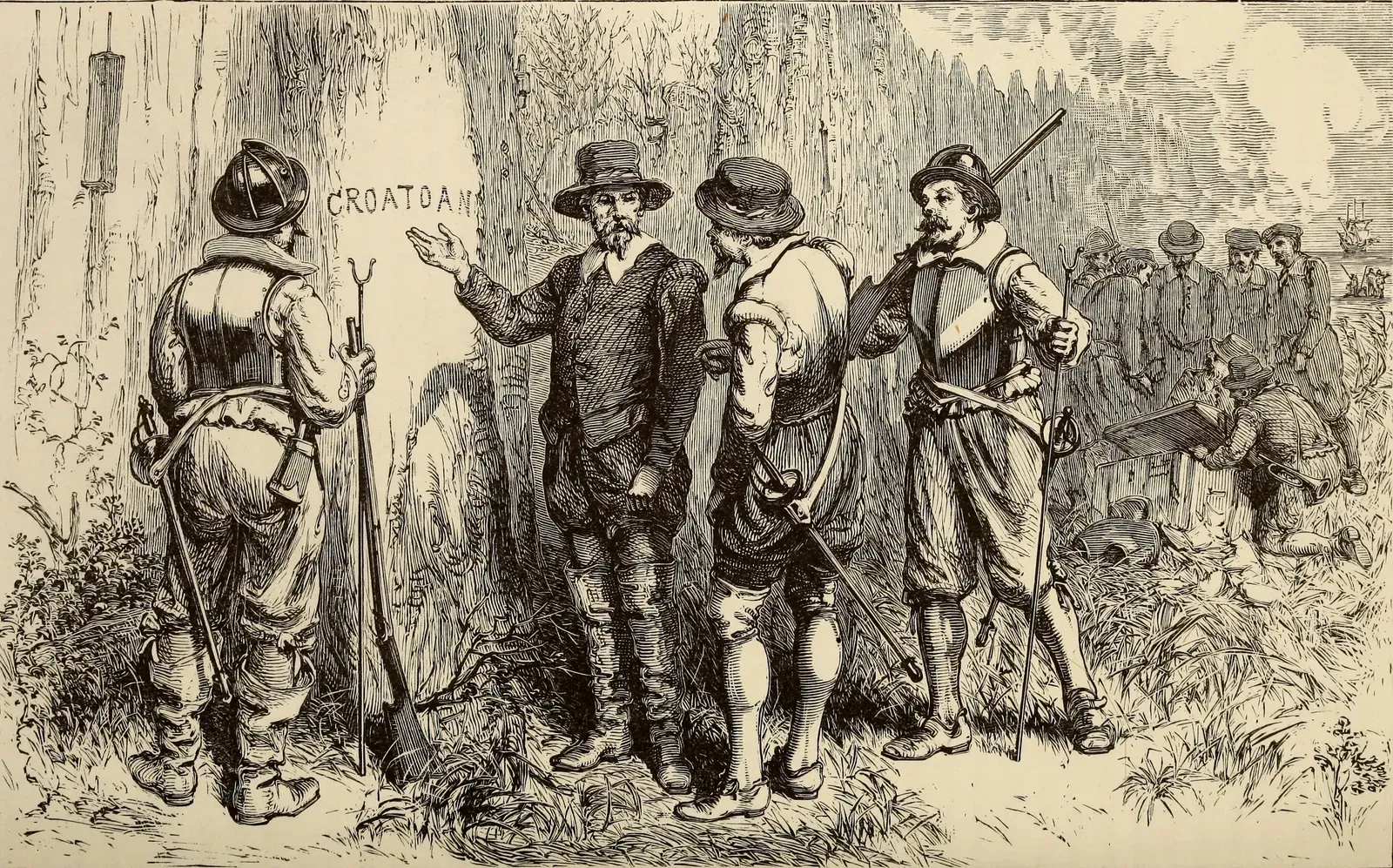 Engraving depicting John White finding the word CROATOAN