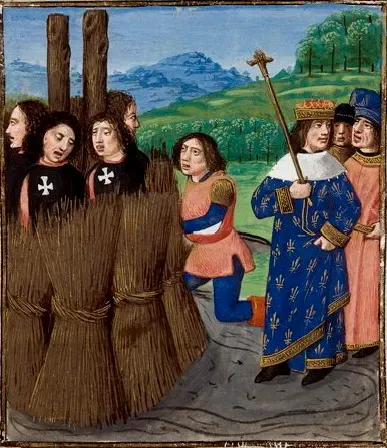 Medieval manuscript showing Templars burned at the stake