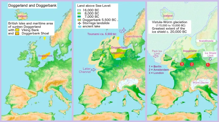 Three-stage map showing the progressive flooding of Doggerland
