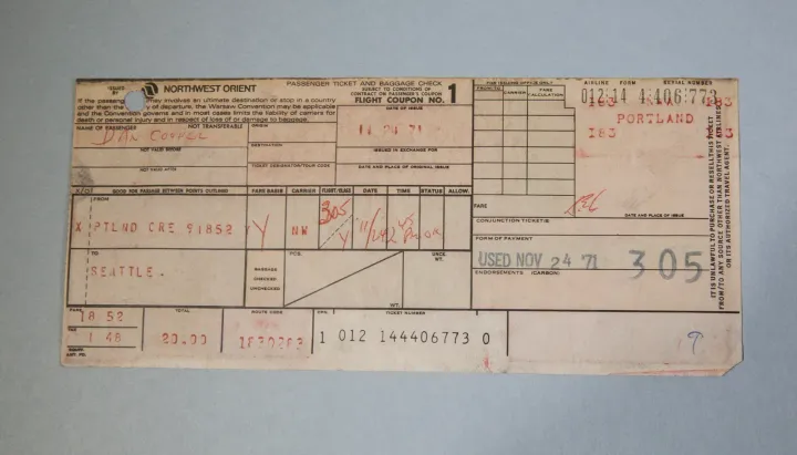 Dan Cooper's plane ticket — one-way Portland to Seattle, $18