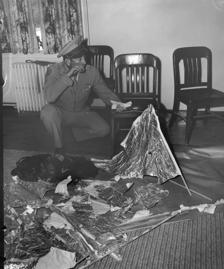 The weather balloon debris displayed in General Ramey's office