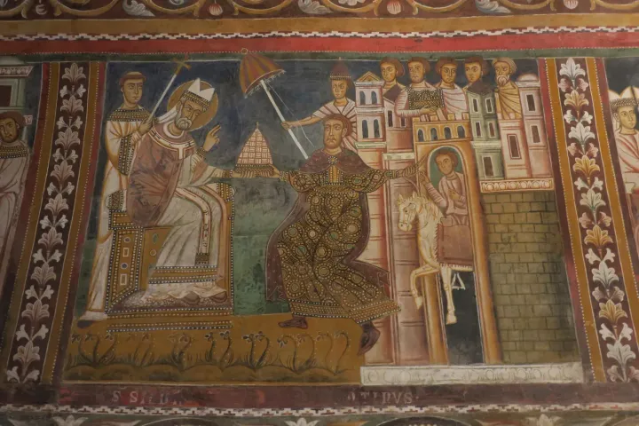 Constantine leading the Pope's horse — fresco, Chapel of San Silvestro, Cardinal's Palace, Santi Quattro Coronati, Rome, 1246