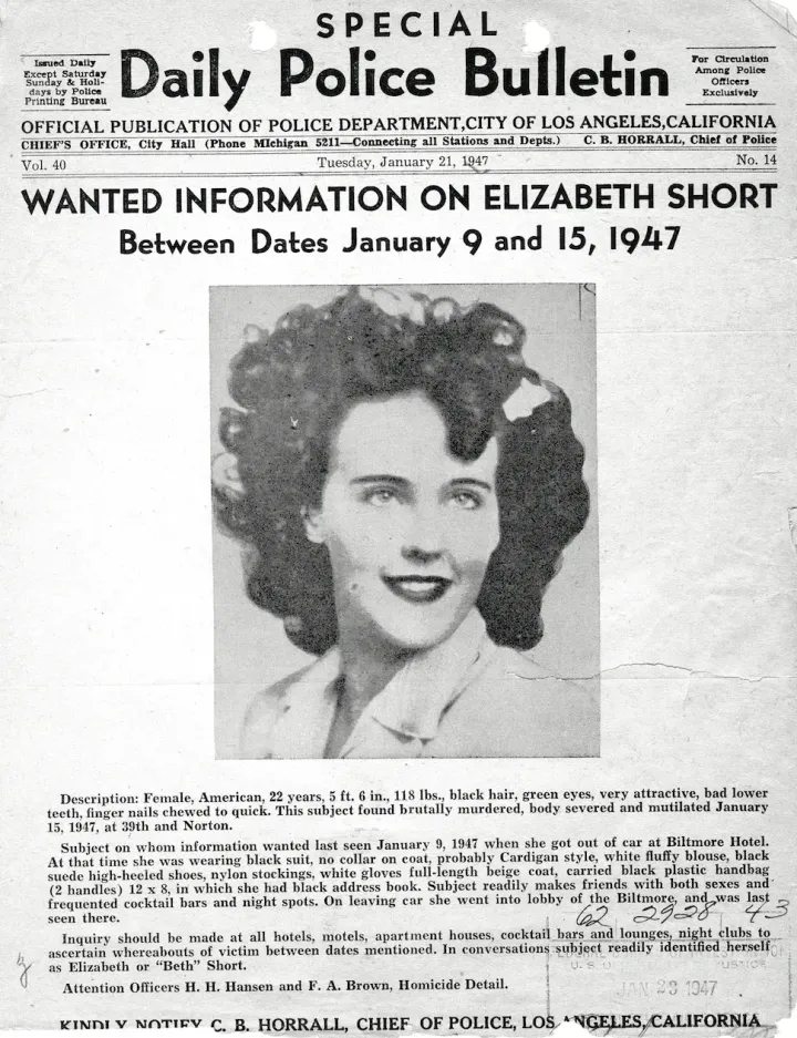 LAPD police bulletin regarding the Black Dahlia case