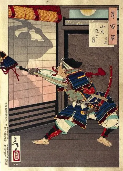Yoshitoshi woodblock print — moonlit Japanese warrior