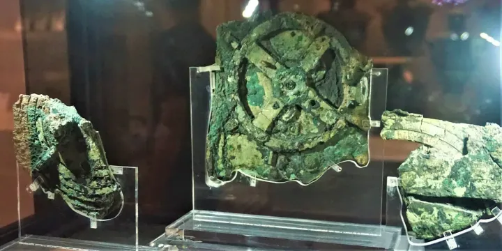 The Antikythera mechanism on display at the National Archaeological Museum, Athens