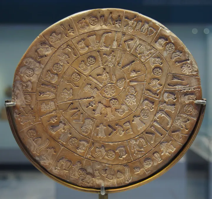 Side A of the Phaistos Disc showing the spiral of stamped signs