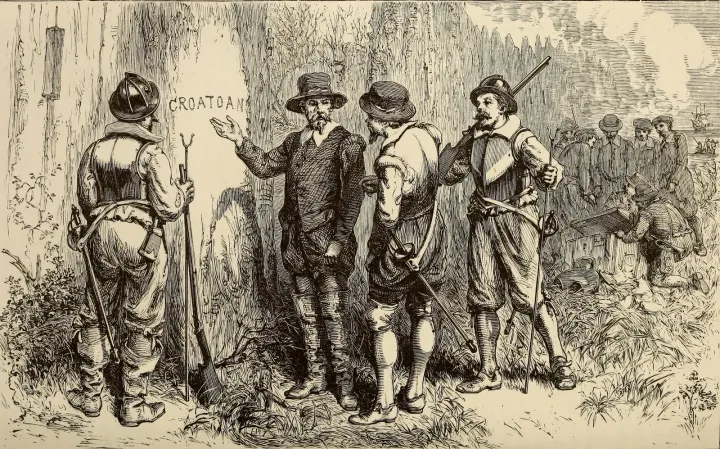 Engraving depicting John White finding the word CROATOAN
