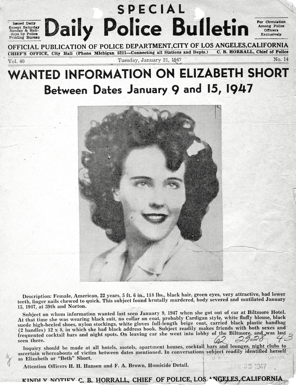 LAPD police bulletin regarding the Black Dahlia case