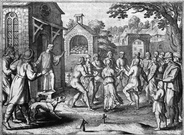Engraving of 1518 Strasbourg dancers in a churchyard