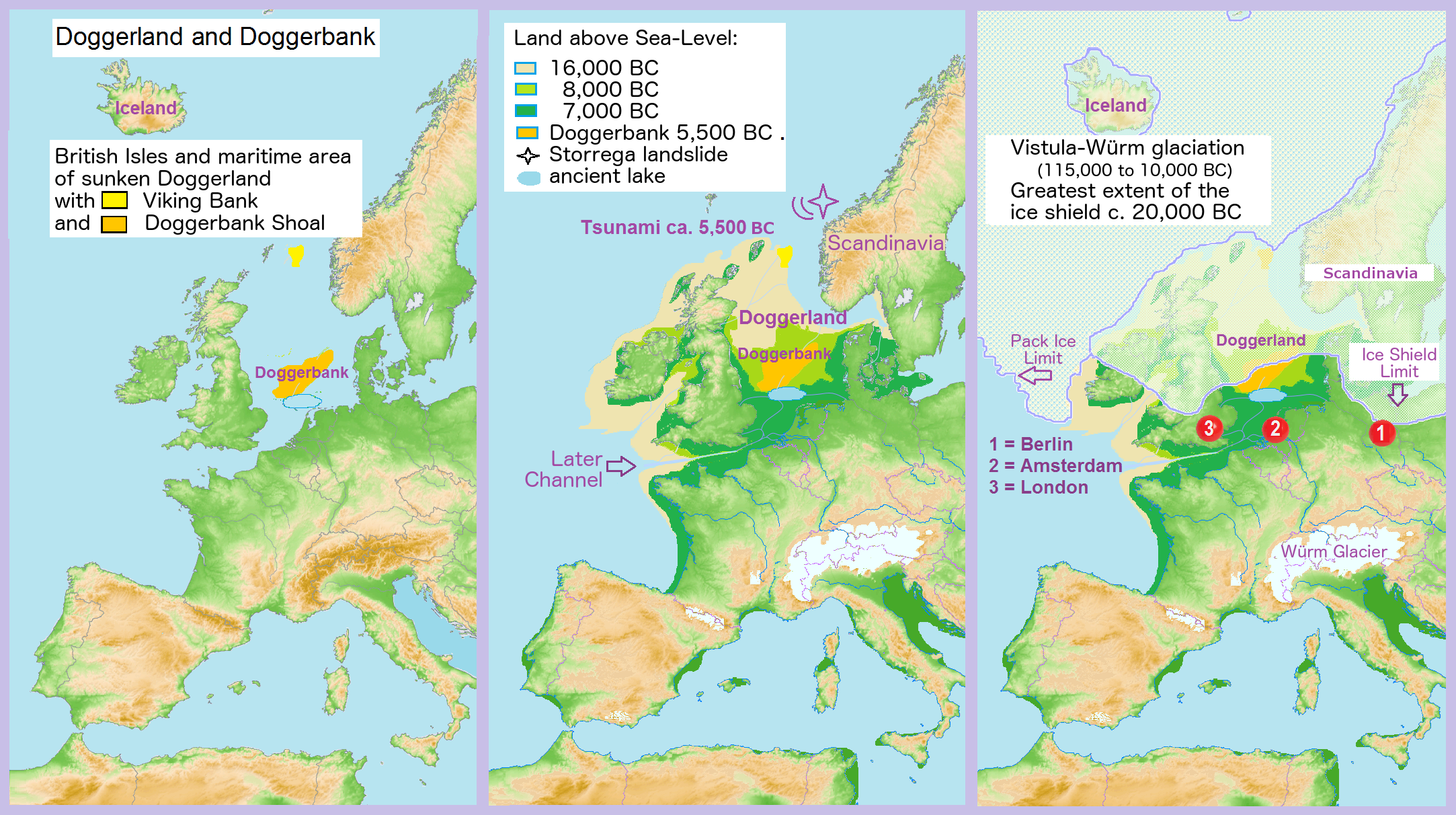 Three-stage map showing the progressive flooding of Doggerland