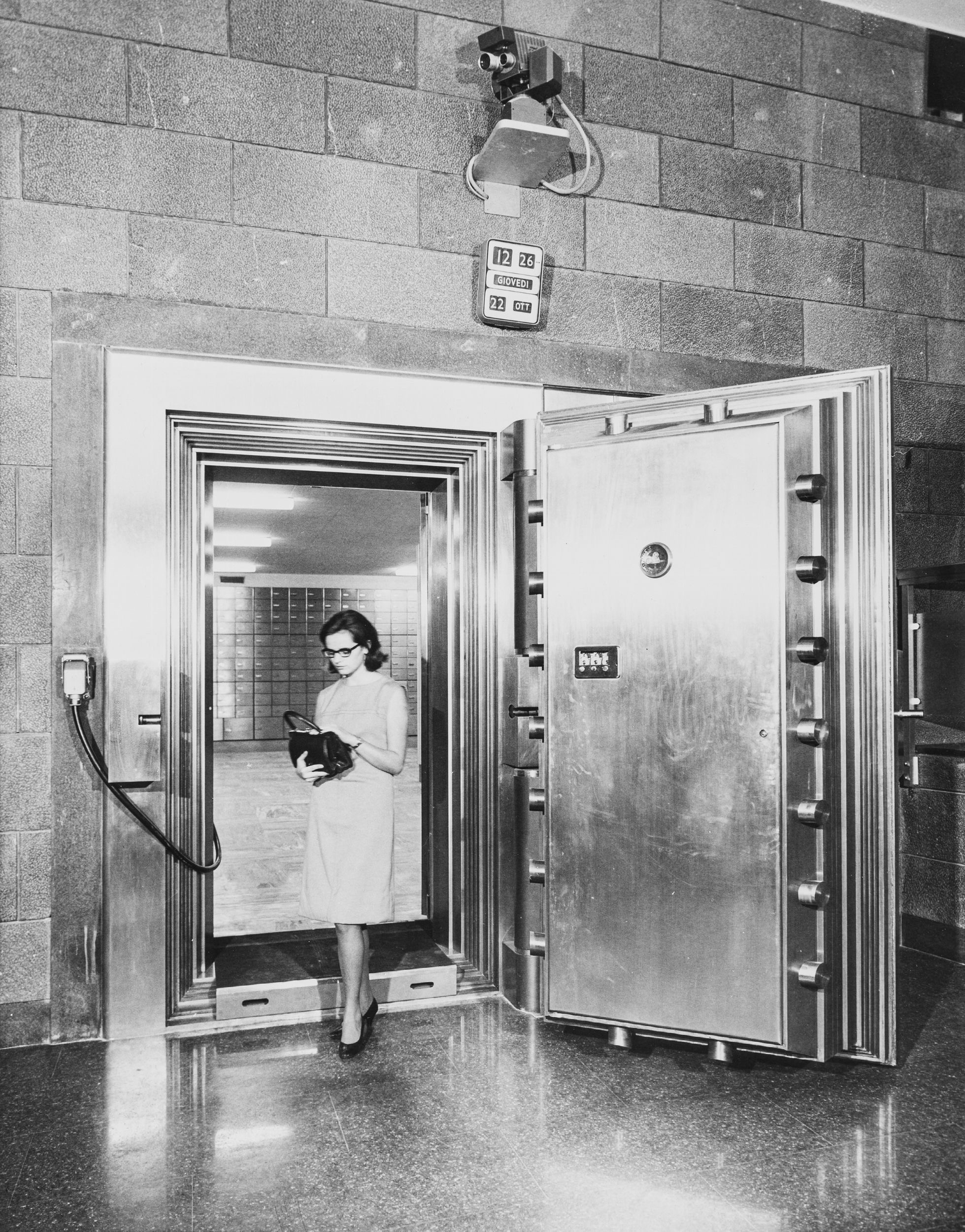 A steel bank vault door