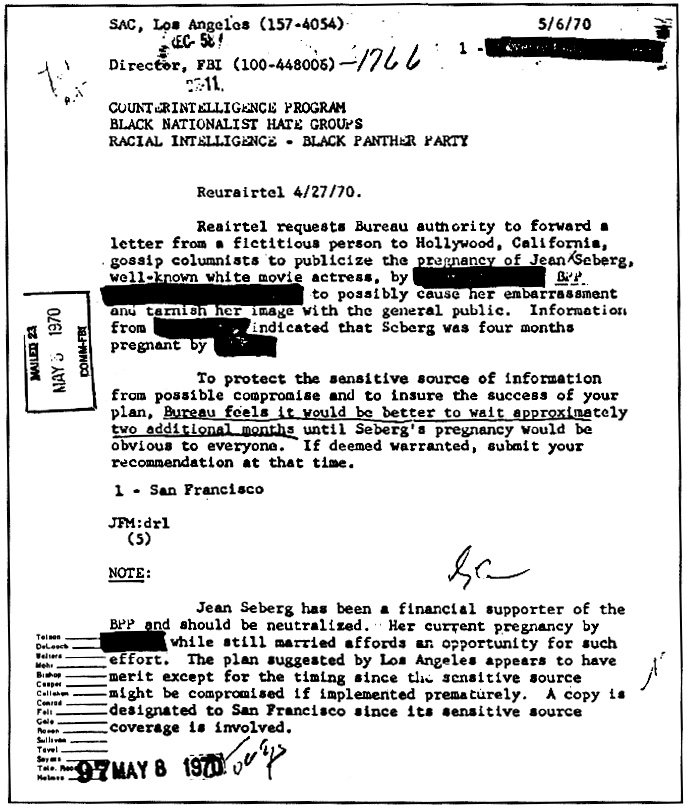 FBI COINTELPRO memo targeting actress Jean Seberg