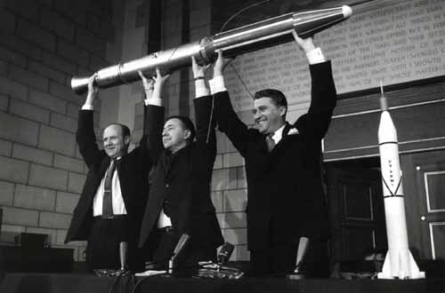 Pickering, Van Allen, and Von Braun celebrate the launch of Explorer 1, January 1958
