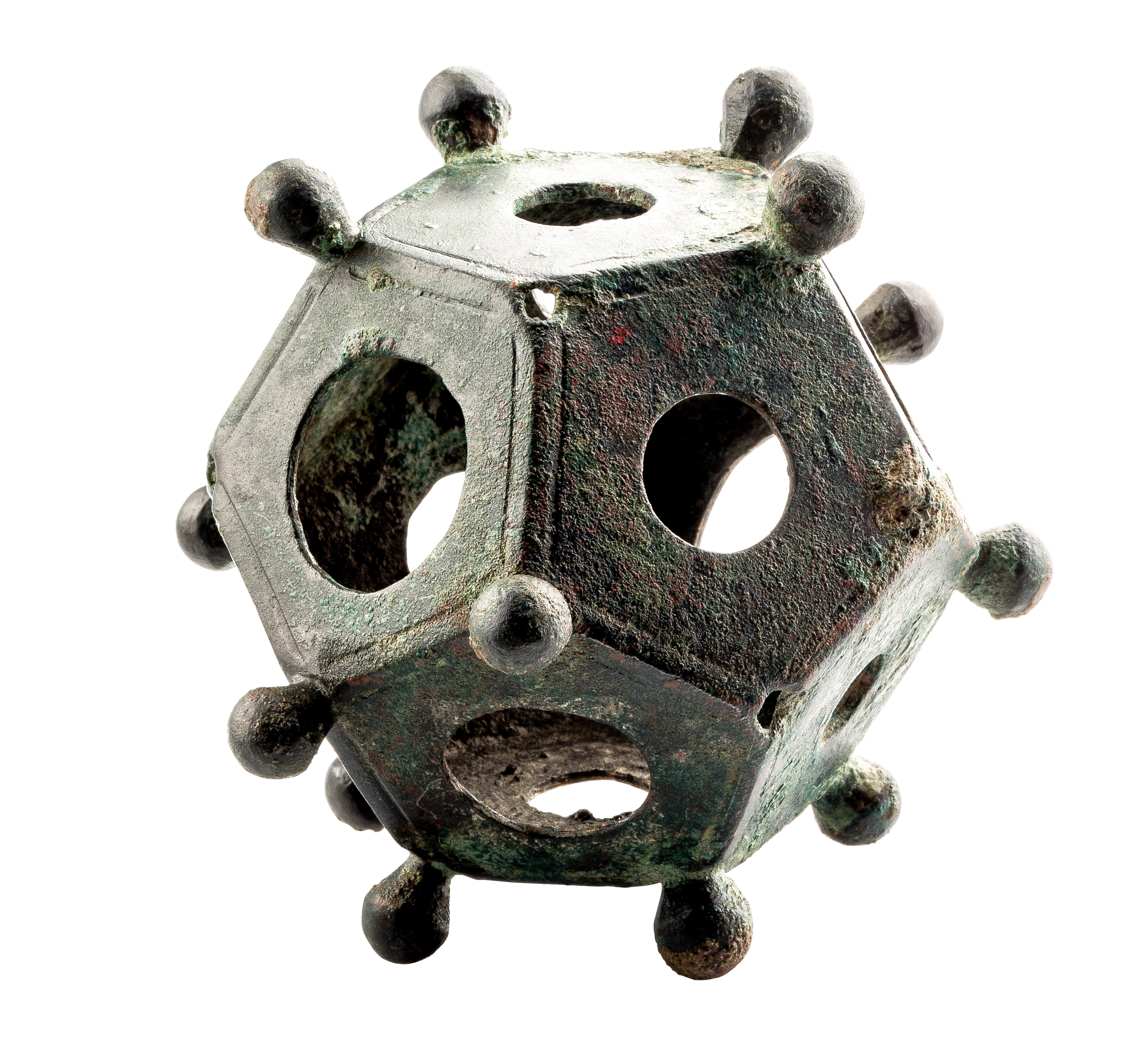Close-up of a Roman dodecahedron showing holes and knobs