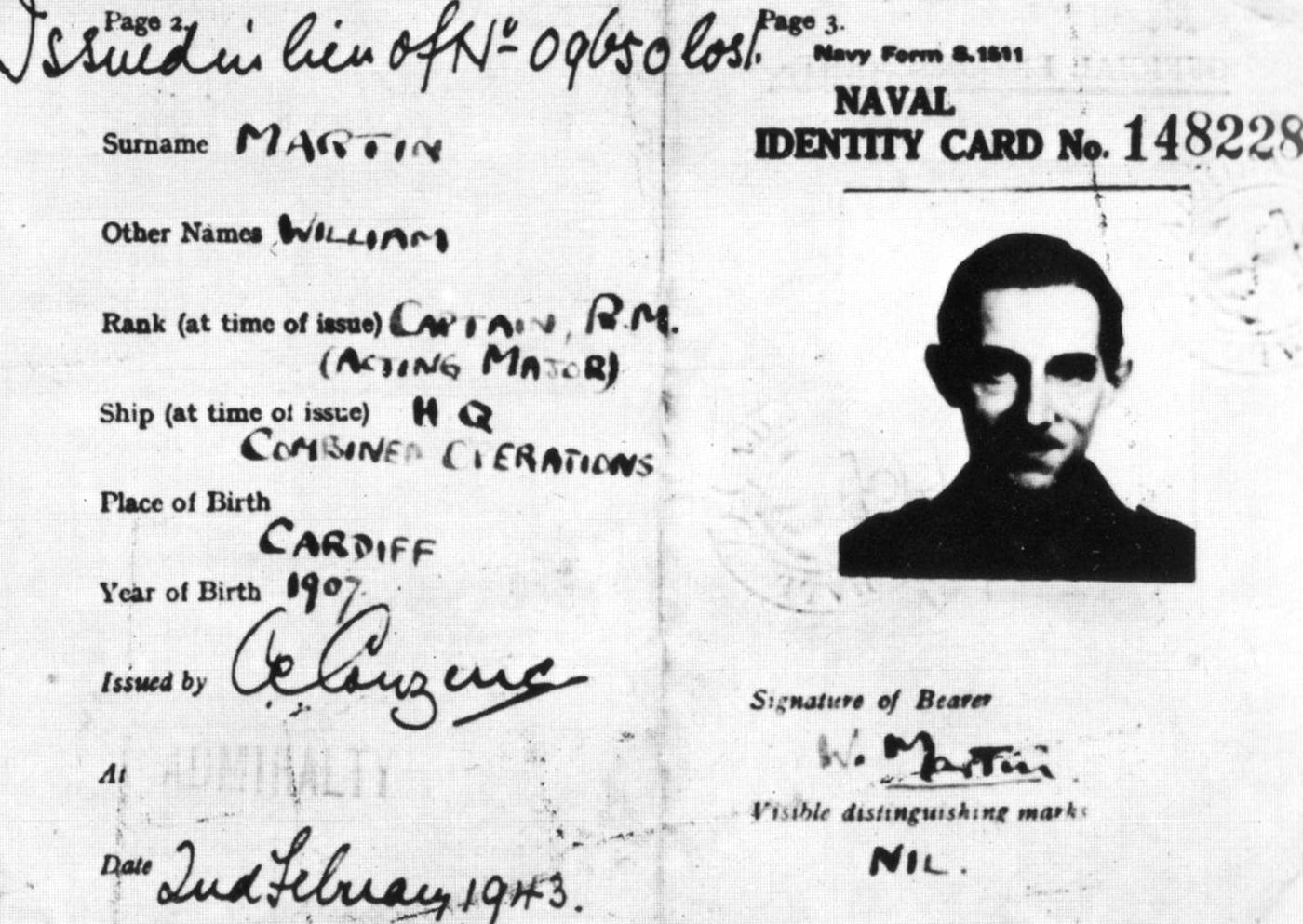The forged Naval Identity Card of Major William Martin