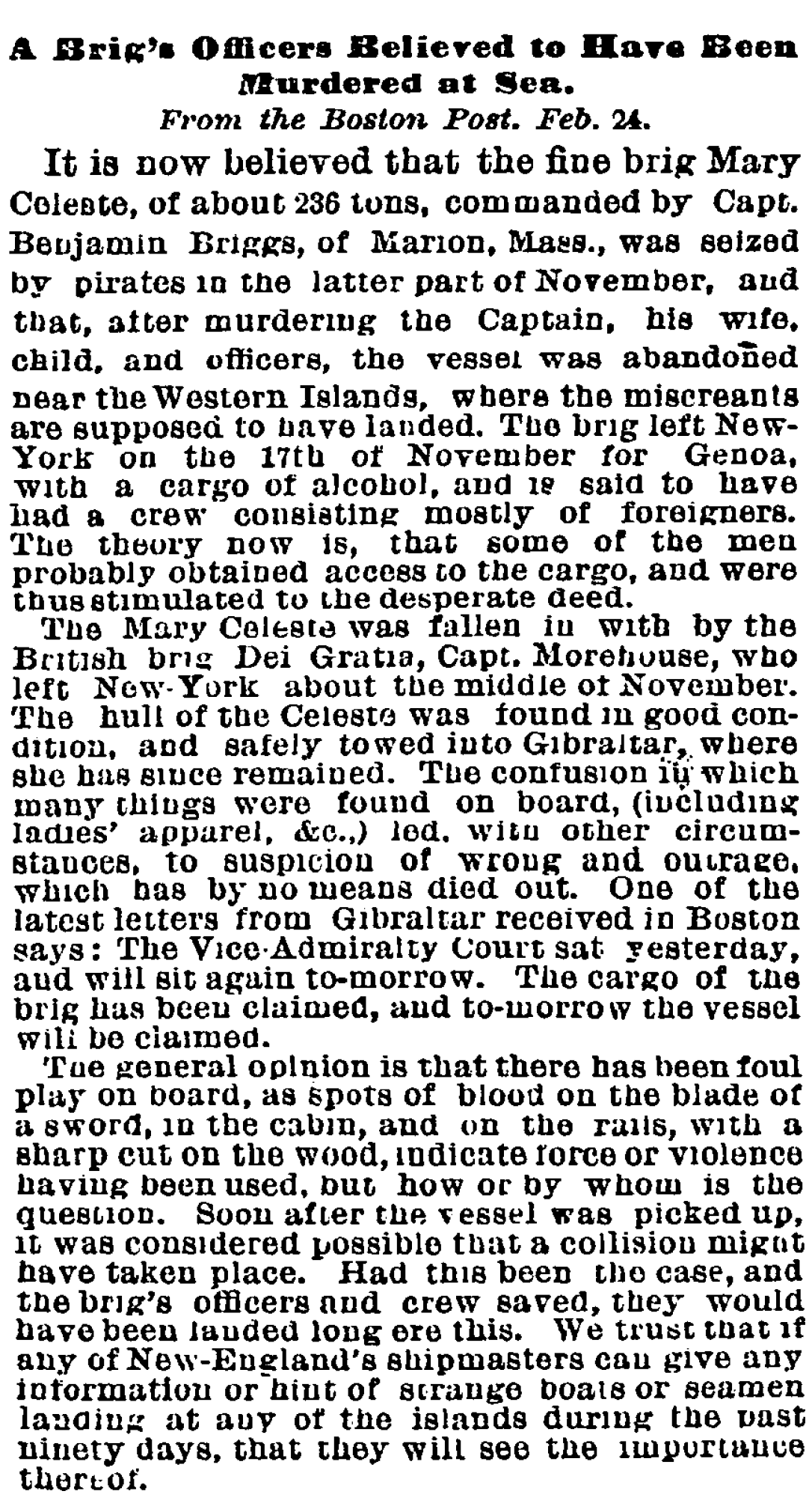 New York Times article about the Mary Celeste, February 1873