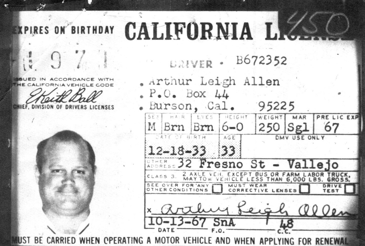Arthur Leigh Allen, 1967 driver's license