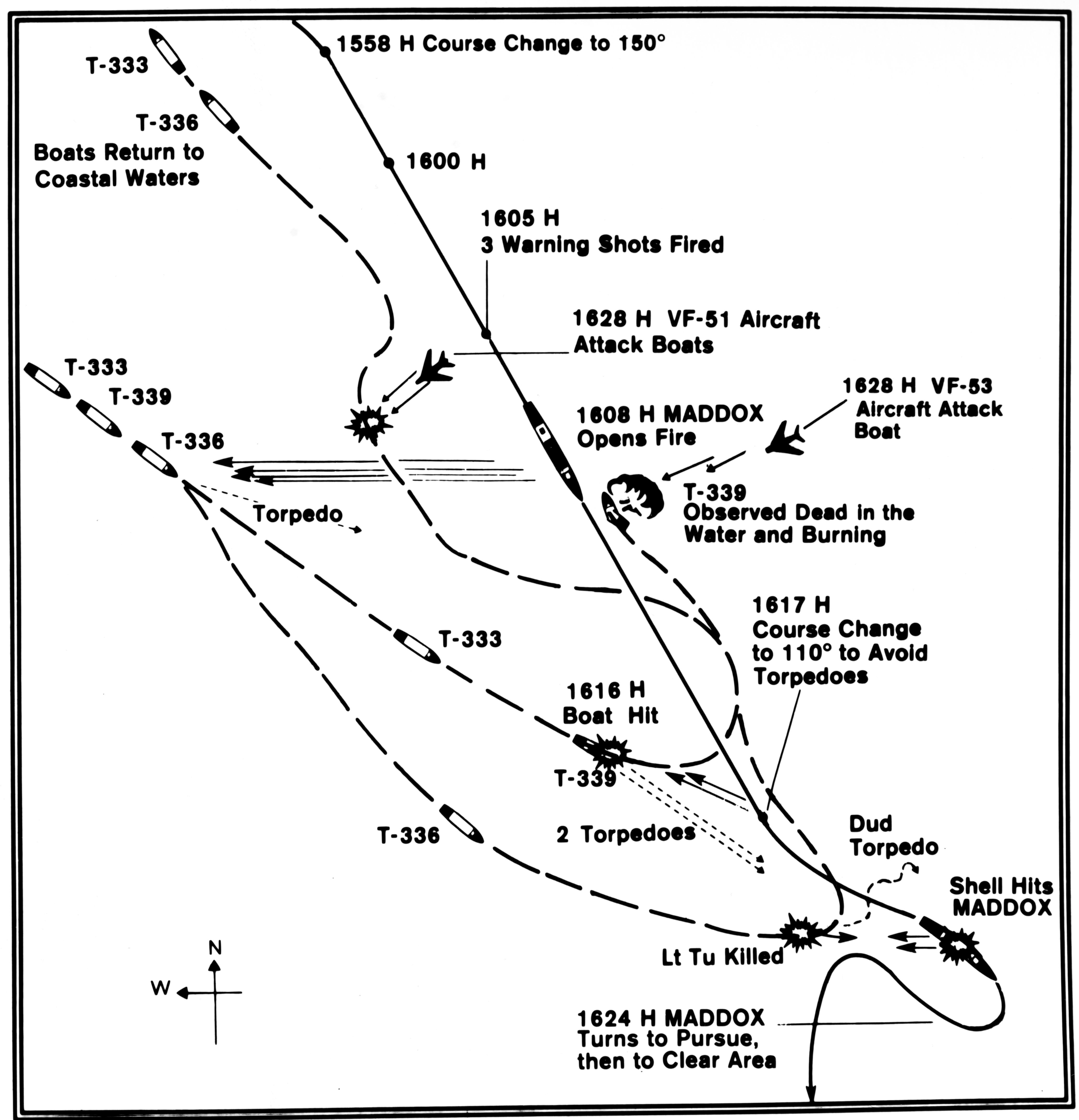 Track chart of USS Maddox and North Vietnamese torpedo boats on August 2, 1964