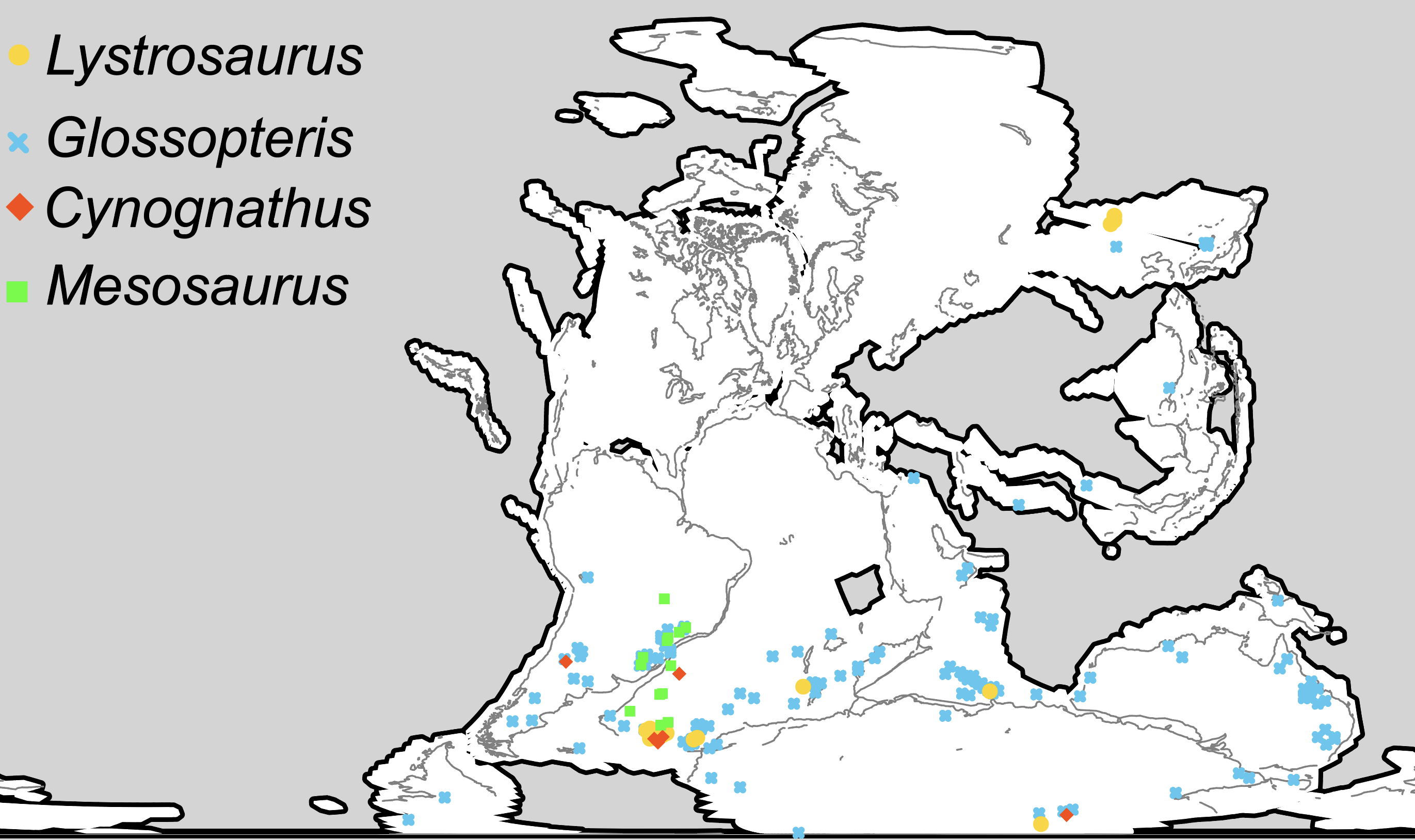 Wegener's map showing matching fossils across continents as evidence for continental drift