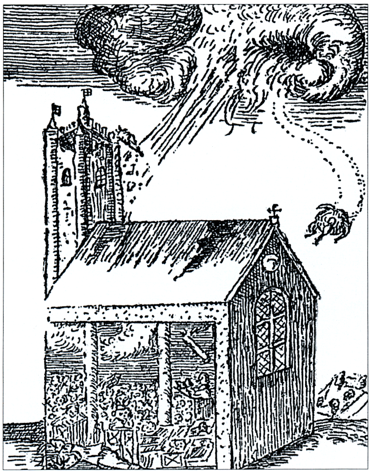 Woodcut of the Great Thunderstorm at Widecombe, 1638