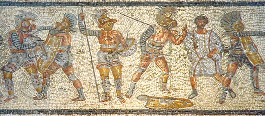 The Zliten Mosaic — gladiatorial combat, c. 100 AD