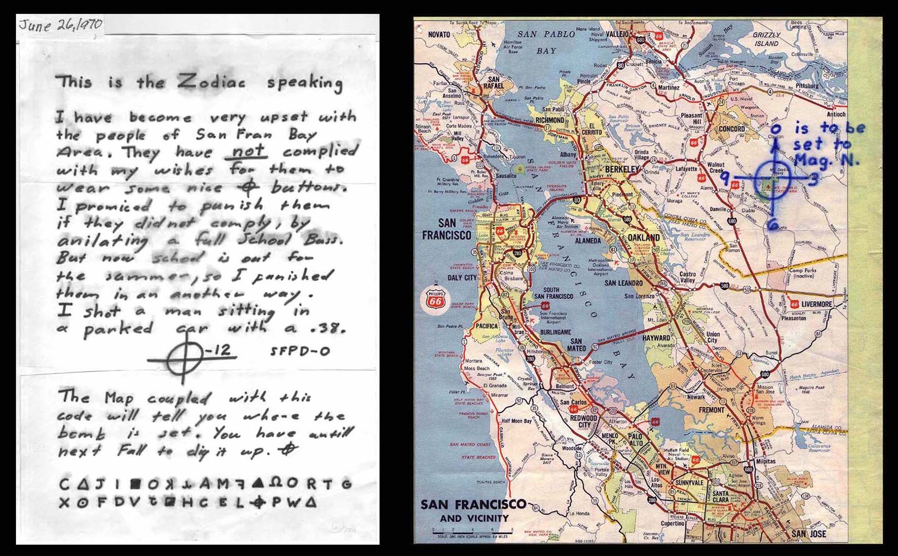 Zodiac letter with map and cipher, June 1970